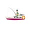 Fisherman Catching Fish on River or Sea Using Motorboat, Male Fisher Character Sitting in Boat Vector Illustration