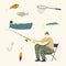 Fisherman Character Sitting on Chair with Rod on Coast Having Good Catch. Man Fishing on Lake or River at Summer Day