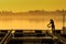 Fisherman feeds the fish in a commercial farm in Mekong river. Farmers feeding fish in cages, Mekong River. The Tilapia for