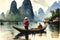 Fisherman fishing in Asia on boat watercolor painting illustration