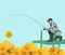 Fisherman fishing for flowers over blue background. Contemporary art collage. Concept of vintage retro style, creativity