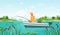 Fisherman fishing. Man in boat with fishing rod waiting nibble fish, relaxation hobby outdoor summer landscape cartoon