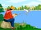 Fisherman fishing near the lake illustration