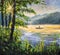 Fisherman with fishing rod in boat - Original oil painting fishing on morning lake pond the sea on background of mountains.