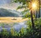 Fisherman with fishing rod in boat - Original oil painting fishing on morning lake pond the sea on background of mountains.