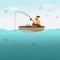 Fisherman with fishing rod on the boat. Sea scenery with fisher catching fish for kids book. A man with beard enjoying