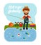 Fisherman with a fishing rod in his hands. Camping, vacation, relax. Cartoon vector illustration
