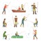 Fisherman flat icons. Fishing people with fish and equipment vector set