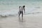 Fisherman going out from the sea with two fishes Seychelles islands