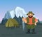 Fisherman holding caught fish vector illustration. Fishing in wild natural landscape, snowing mountains, tent.