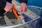 The fisherman holds the trout with a special fishing grip in the net.