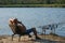 Fisherman with hot drink in mug waiting a bite with carp fishing equipment. Angler is fishing with carpfishing technique