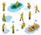 Fisherman isometric. Fishing in river pond sea tackle rubber fish bucket boat fishing rod 3d isometric vector set