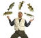 Fisherman juggling with fish showing excitemment