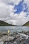 Fisherman at Lower Multinskoe lake. Altai mountains landscape