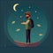 A fisherman in the middle of a mystical night ocean. Beautiful vector illustration.