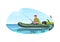 Fisherman in private boat semi flat vector illustration