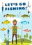 Fisherman with rod and fish poster, fishing design