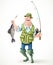 Fisherman in rubber boots with a caught fish and a fishing rod i