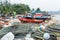 Fisherman`s crab catching equipment in the pier stacked and prepared for working