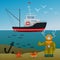 Fisherman s ship in the open sea. Diver under water on the seabed. Sea inhabitants and the lost anchor. Cartoon image