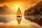 Fisherman sailing small boat across serene lake at dawn. Generative AI