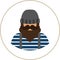 Fisherman/sailor man flat icon - a man with a mustache a beard wearing an in vest and overalls jumpsuit and knit hat.