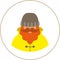 Fisherman/sailorman flat icon - a man with a mustache a beard wearing an in a trench coat raincoat boots and knit hat.