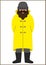 Fisherman/sailorman flat icon - a man with a mustache a beard wearing an in a trench coat raincoat boots and knit hat.