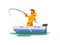 Fisherman Sitting in Boat and Pulling Big Fish, Fishman Character in Raincoat and Rubber Boots Vector Illustration