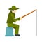 Fisherman sitting with fishing rod icon flat style