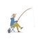 Fisherman Sitting on Folding Chair Beside a Bucket with Fish Caught, Male Fisher Character with Fishing Rod, Vector