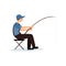 Fisherman Sitting on Folding Chair with Fishing Rod, Male Fisher Character Vector Illustration