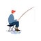 Fisherman Sitting on Folding Chair, Male Fisher Character with Fishing Rod and Caught Fish Vector Illustration