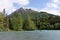 Fisherman standing in the lake surrounded by lush green forests in Alaska