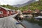 Fishermans cabins Rorbuer at a landing stage in the village Nusfjord, Lofoten islands, Norway