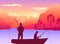 Fishermans in fishing boat. Silhouette of two men sitting in pleasure boat who fish on the lake