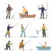 fishermen. active outdoor hobbies for male characters man with fishing rods vector cartoon illustrations