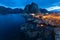 Fishermen cabins in the Hamnoy village at night, Lofoten Islands, Norway