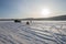 Fishermen catch fish on a snowy lake, in the evening light.