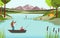 Fishermen on lake in beautiful nature landscape, people fishing hobby leisure, vector illustration