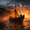 Fishermen looking for fish in the sea with a silhouette background in the afternoon