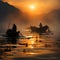 Fishermen looking for fish in the sea with a silhouette background in the afternoon