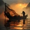 Fishermen looking for fish in the sea with a silhouette background in the afternoon