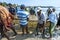 Fishermen pull in their fishing nets on the beach at Uppuveli in Sri Lanka.