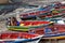 Fishermen sitting on fishing boats Santo Antao island, Cape Verde