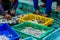 Fishermen sorting fish and squid in basket.