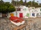 Fishermens houses, fishing boat at the beach, Cala s`Alguer, Palamos, Costa Brava, Spain