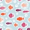Fishes in bubbles pink orange white blue seamless pattern