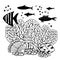 Fishes and corals. Marine life scene. Hand drawn outline vector sketch illustration